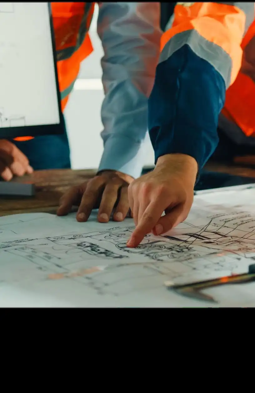 Mãos apontando um detalhe numa planta técnica impressa sobre a mesa.