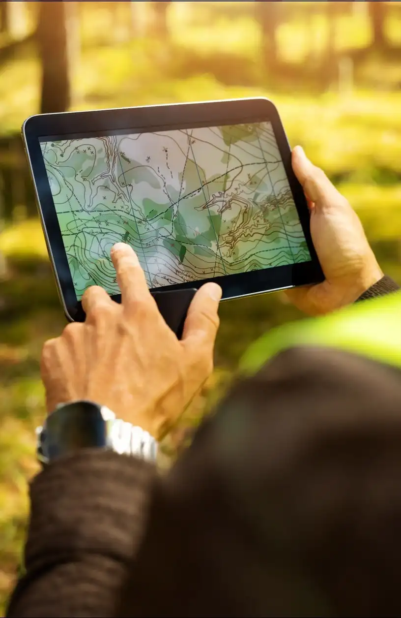 Mão segurando um tablet com um mapa na tela, numa área de mata.